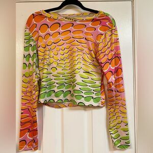 Y2K Neon Rave Festival O Mighty Illusion Top- Multicolor Long Sleeve Cropped Top